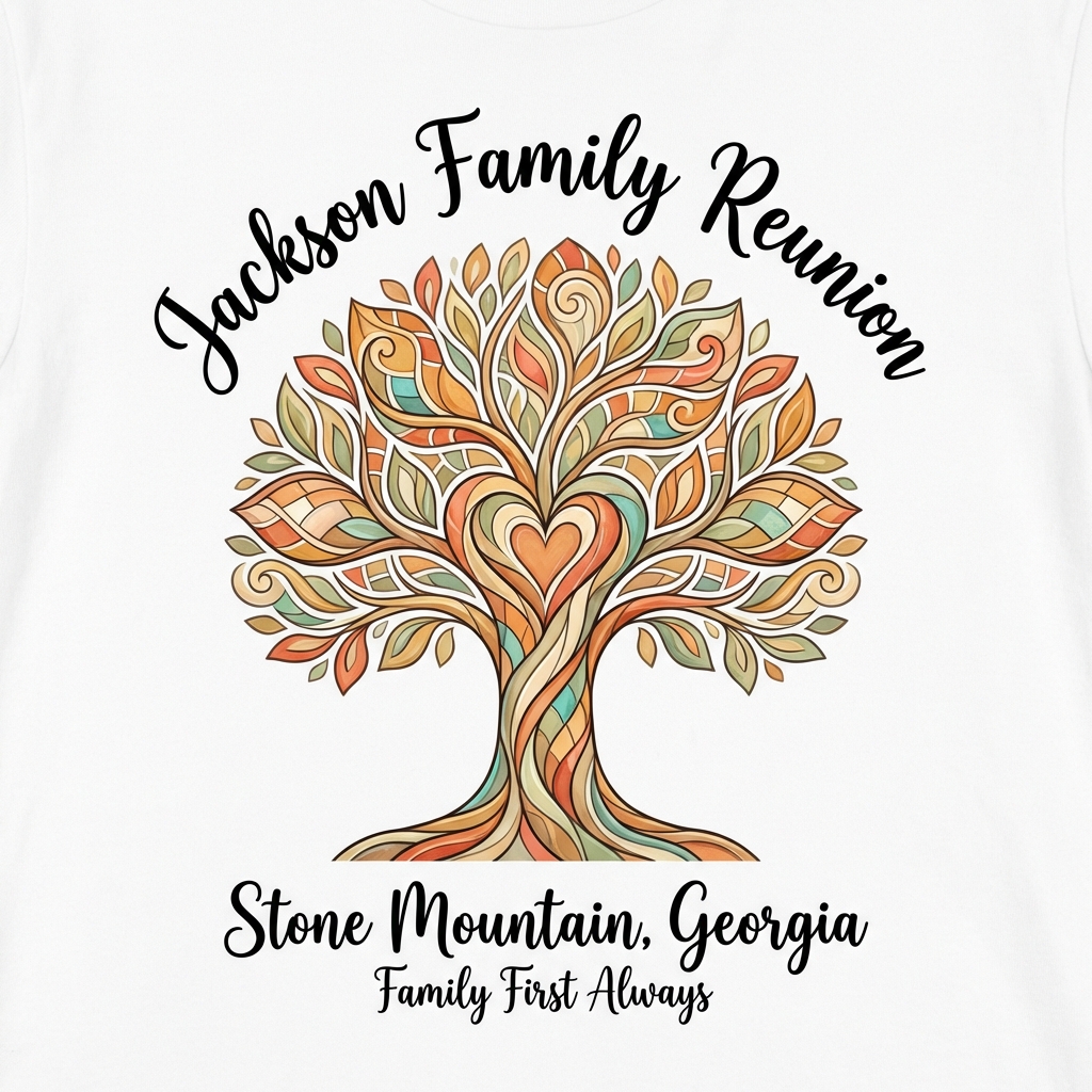 A family tree reunion design on a natural-colored shirt